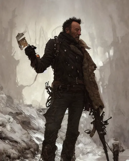 Image similar to A full portrait of Bruce Springsteen as a handsome post apocalyptic nordic explorer, intricate, elegant, highly detailed, digital painting, artstation, concept art, smooth, sharp focus, illustration, art by Krenz Cushart and Artem Demura and alphonse mucha