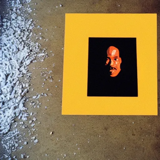 Image similar to an orange juice spilled on the floor making a portrait of o j simpson