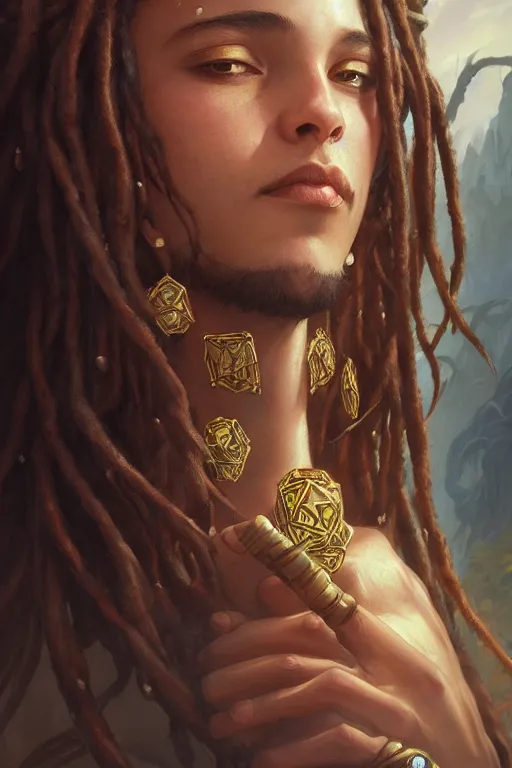 Image similar to photography of wise dreadlock king, deep focus, d & d, fantasy, intricate, elegant, highly detailed, digital painting, artstation, concept art, matte, sharp focus, illustration, hearthstone, art by artgerm and greg rutkowski and alphonse mucha