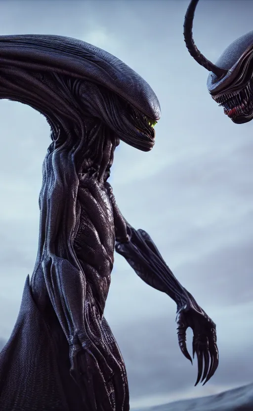 Prompt: an alien creature wearing a long cape, humanoid shape, full body, photorealistic, 4 k, octane render, cinematic lighting, artistic photography, insanely detailed and intricate