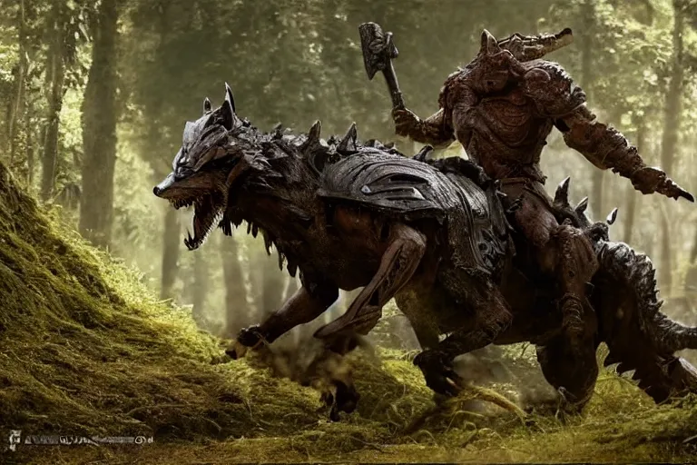 Image similar to vfx movie closeup detailed ancient armored warrior orc hunting riding large wolf in the forest, natural lighting by emmanuel lubezki