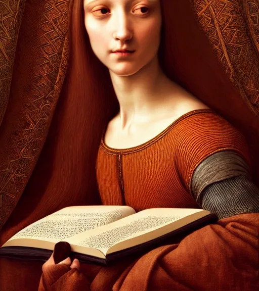 Image similar to portrait of a beautiful room with a tapestry on the wall, as well as a book upon a table with heightened detail, detailed facial expression, detailed surroundings, elegant, highly detailed, centered, digital painting, artstation, concept art, smooth, sharp focus, illustration, by ( leonardo da vinci ), wlop
