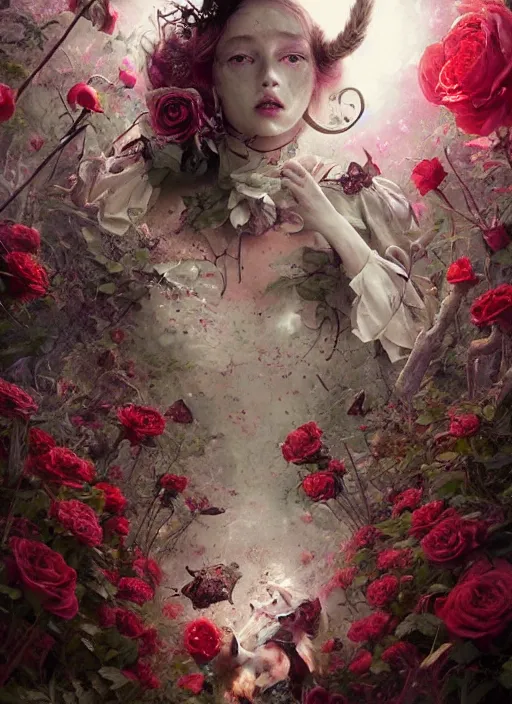 Prompt: Alice in Wonderland,roses,bullets,highly detailed,cinematic,8k,by Stanley Artgermm,Tom Bagshaw,Greg Rutkowski,Carne Griffiths, Ayami Kojima, Beksinski, Giger,trending on DeviantArt,hyper detailed,horror, full of colour