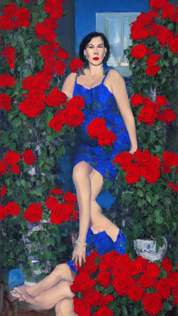 Prompt: portrait of rebekah delrio in lynch pattern dress beside of a big persian detailed pot of red roses, blue and red lights, mulholland drive, painted by craig mullins