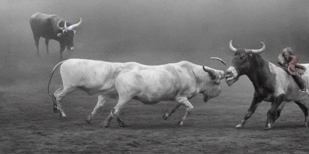 Prompt: detailed medium format photo, polaroid still from tarkovsky movie, matador facing off with bull, blurred motion, haze, high production value, intricate details, 8 k resolution, hyperrealistic, hdr, photorealistic, high definition, technicolor, award - winning photography, masterpiece, amazing colors