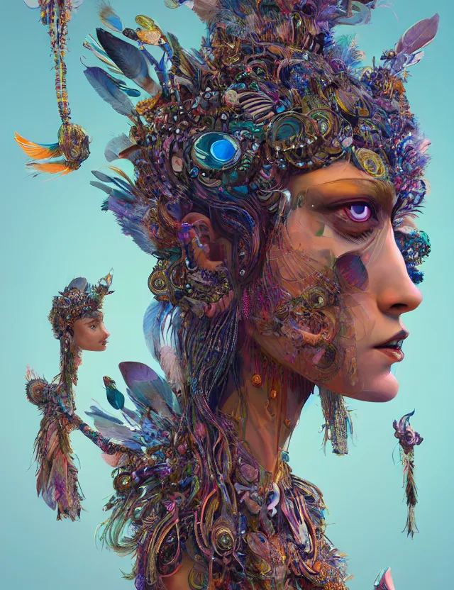 Prompt: 3 d goddess of oracular symbiosis wide angle portrait with animal totems of all kinds. feather, scale, skin and fur. ecodelic symbiogenesis, polyphonic communication, pulse projections, shipibo patterns, plasma, creature, artwork by tooth wu and android jones wlop and android jones and beeple and greg rutkowski