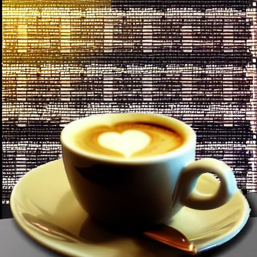 Image similar to A cup of coffee reflecting the surroundings in an alley, Pixel Art, Closeup