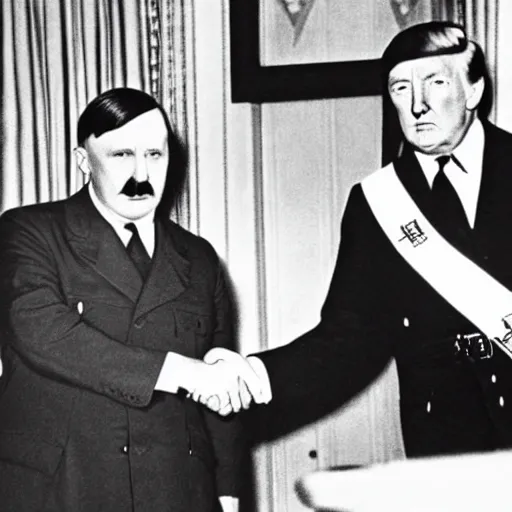 Prompt: Adolf Hitler shaking hands with Donald Trump in the oval office, press-photo, smiling, detailed