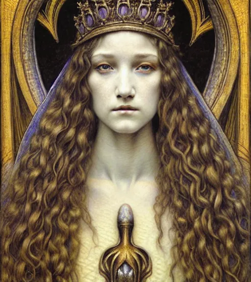 Image similar to detailed realistic beautiful young medieval queen face portrait by jean delville, gustave dore and marco mazzoni, art nouveau, symbolist, visionary, gothic, pre - raphaelite. horizontal symmetry