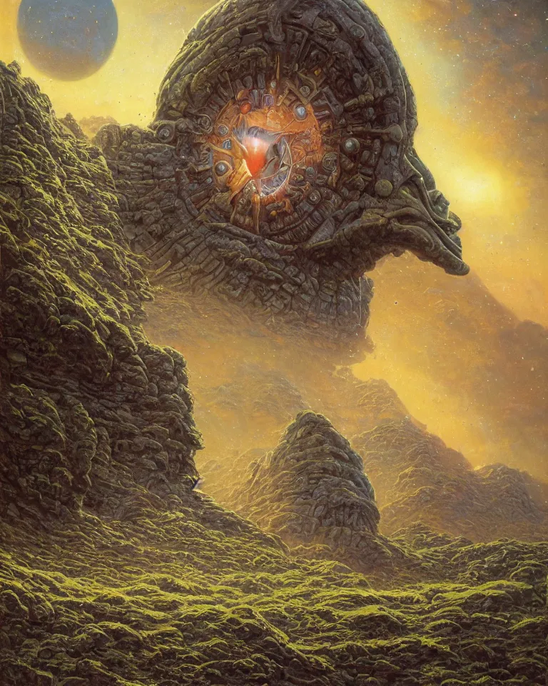 Prompt: cosmic alien planet, a single lonely spaceship, giant ancient alien head stone statue, overgrown, retro futurism by tim hildebrandt, wayne barlowe, bruce pennington, donato giancola, larry elmore, oil on canvas, masterpiece, trending on artstation, cinematic composition, beautiful lighting, sharp, details, hd, 8 k