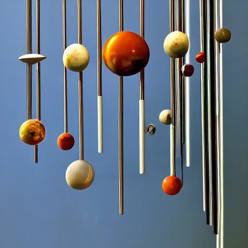 Prompt: a kinetic sculpture of equilibrium. solar system hanging from vertical rods, blue room