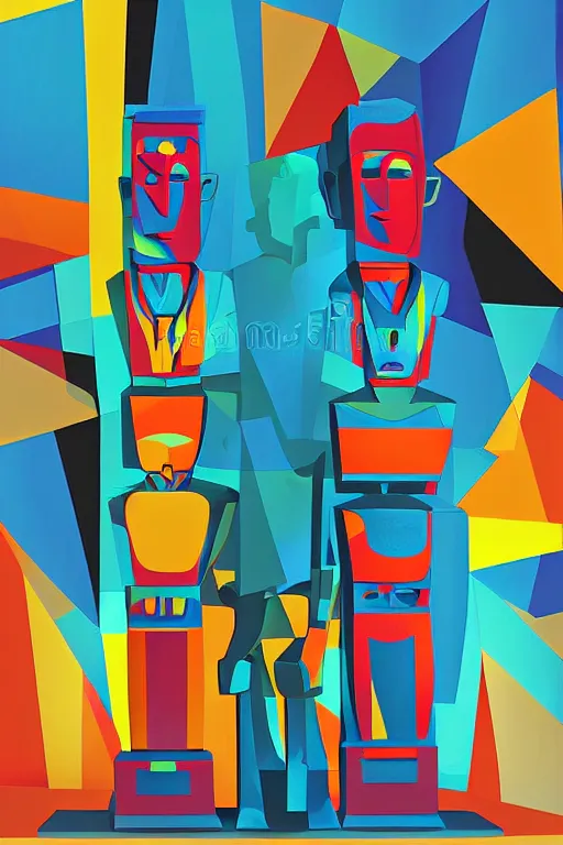 Image similar to cubist moai statue cutout digital illustration cartoon colorful beeple