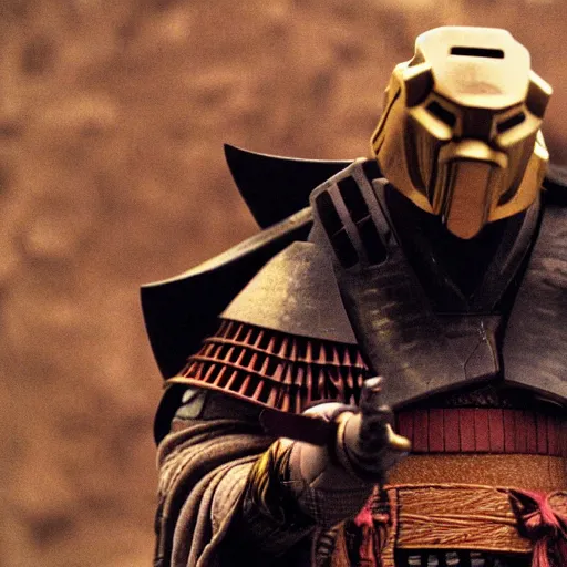 Image similar to cinematic film still MF Doom starring as a Samurai holding fire, Japanese CGI, VFX, 2003, 40mm lens, shallow depth of field,film photography