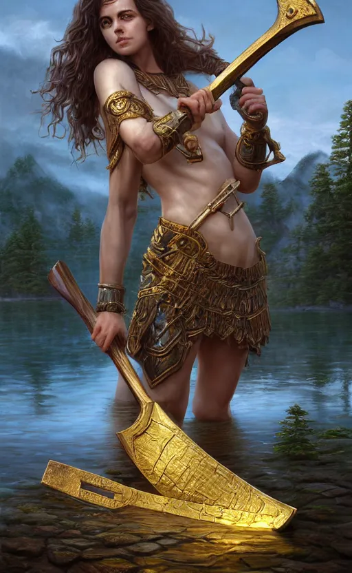 Image similar to lake godness holding gold axe and sliver axe, highly detailed, d & d, water everwhere fantasy, highly detailed, digital painting, trending on artstation, concept art, sharp focus, global illumination, ray tracing, illustration, art by artgerm and greg rutkowski and fuji choko and viktoria gavrilenko and hoang lap