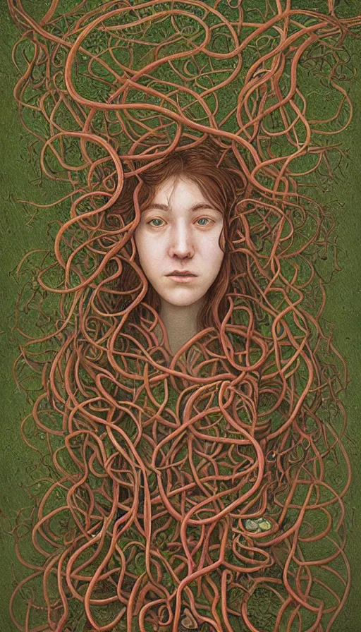 Prompt: very detailed portrait of a 2 0 years old girl surrounded by tentacles, the youg woman visage is blooming from fractal and vines, by dan witz