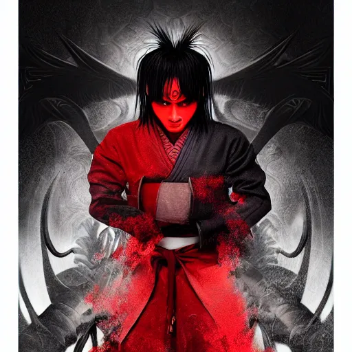 Image similar to demon martial artist, handsome japanese demon boy, young adult yokai with long spiky black hair, vampire, vantablack gi, simple clothes, red eyes, ultra realistic, intricate details, highly detailed, subsurface scattering, photorealistic, octane render, 8 k, art by artgerm, greg rutkowski, magali villeneuve, alphonse mucha