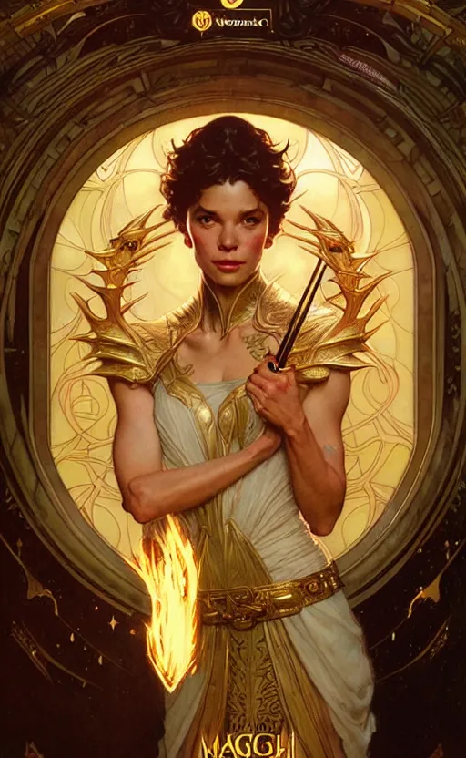 Image similar to magic gold dragon gorgeous lighting by weta studio, mucha, bautista and norman rockwell and greg rutkowski and tom bagshaw and james gurney and lucasfilm