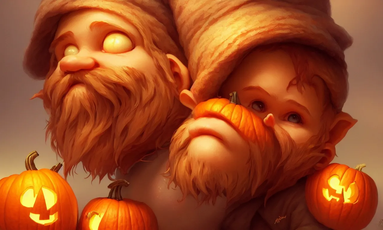 Image similar to hand drawn cute one gnomes face in autumn and pumpkin, detailed closeup face, concept art, low angle, high detail, warm lighting, volumetric, godrays, vivid, beautiful, trending on artstation, art by artgerm and greg rutkowski and alphonse mucha