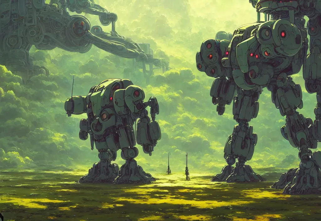 Image similar to a lonely small chubby mecha in an alien jungle, intricate oil painting, high detail illustration, sharp high detail, manga and anime 1 9 9 9, official fanart behance hd artstation by jesper ejsing and makoto shinkai, 4 k,