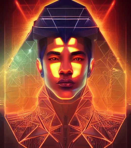 Image similar to symmetry!! egyptian prince of technology, solid cube of light, hard edges, product render retro - futuristic poster scifi, lasers and neon circuits, brown skin man egyptian prince, intricate, elegant, highly detailed, digital painting, artstation, concept art, smooth, sharp focus, illustration, dreamlike, art by artgerm