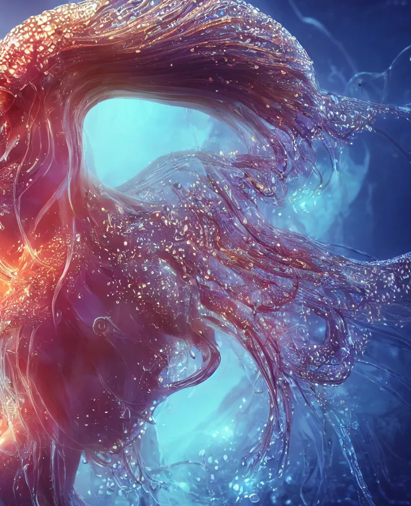 Image similar to close-up macro portrait of the face of a beautiful princess, epic angle and pose, symmetrical artwork, 3d with depth of field, blurred background, cybernetic jellyfish female face skull phoenix bird, translucent, nautilus, energy flows of water and fire. a highly detailed epic cinematic concept art CG render. made in Maya, Blender and Photoshop, octane render, excellent composition, cinematic dystopian brutalist atmosphere, dynamic dramatic cinematic lighting, aesthetic, very inspirational, arthouse. y Greg Rutkowski, Ilya Kuvshinov, WLOP, Stanley Artgerm Lau, Ruan Jia and Fenghua Zhong