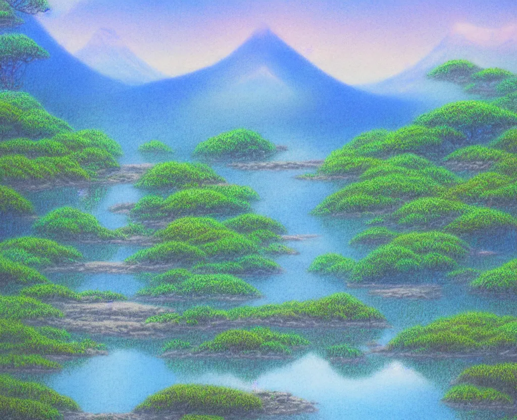 Image similar to a landscape pastel in the style of noriyoshi ohrai of a blue reflective path to some misty mountains in the background. along the path stands pillars that reflect in the water. key art. 4 k fantasy