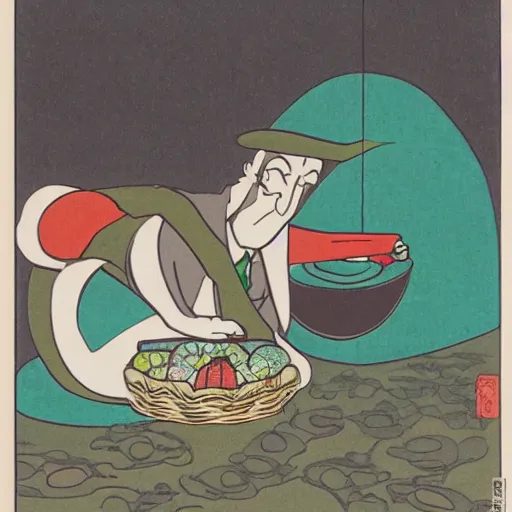 Prompt: Pensive Wizard Examining Eggs, by Osamu Tezuka.