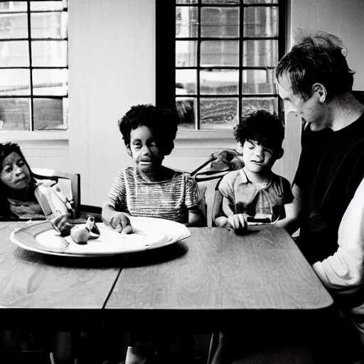 Image similar to black and white photograph of family at table by Eugene Richards