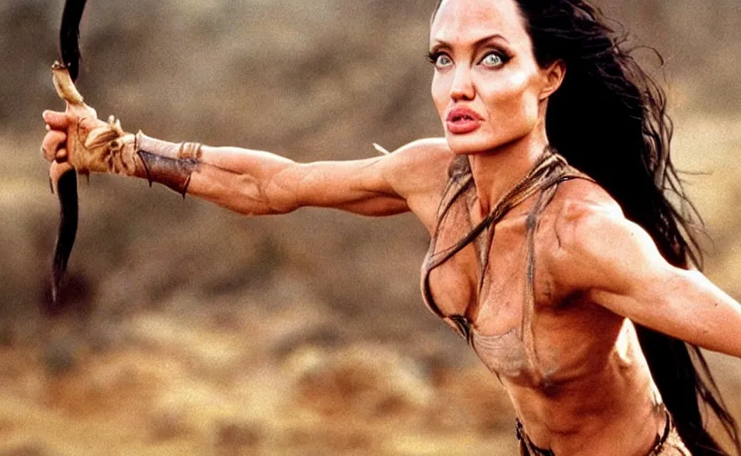 Prompt: epic photo of muscular angelina jolie as beautiful barbarian warrior princess with long curly black hair blowing in the wind in a battle scene, sweaty, detailed eyes, neutral expression, shallow depth of field, photorealistic, cinematic lighting, lovely bokeh, warm colours, dusk, movie quality, conan the destroyer 1 9 8 5, movie still