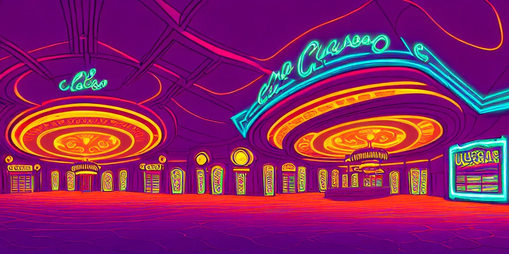 Prompt: curled perspective digital art of curly indoor casino with a stage pale colors by anton fadeev from nightmare before christmas