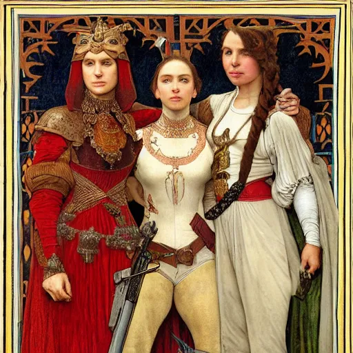 Prompt: full colour engraving full figure portrait of natalie portman and scarlet johansson, in medieval armoury, painted by alphonse mucha, albrecht durer, jean delville, alphonse mucha, jan van eyck, da vinci