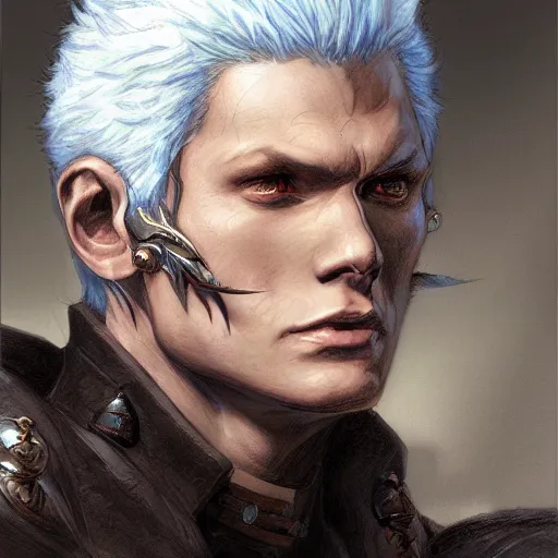 Image similar to Vergil from DMC as a fantasy D&D character, portrait art by Donato Giancola and James Gurney, digital art, trending on artstation