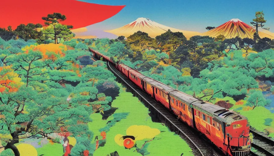 Image similar to Japan rural splendor rail travel and touring c2050, surrealist psychedelic photo-collage painting in the style of Newsweek magazine, +81 magazine, Roger Dean, Yoshio Awazu, vivid color