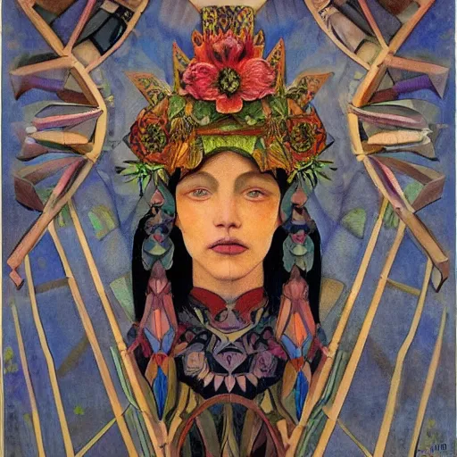 Image similar to the bone crown, by Annie Swynnerton and Nicholas Roerich and (((Diego Rivera))), embroidered robes, floral tattoos, bioluminescent skin!, elaborate costume, geometric ornament, symbolist, soft colors, dramatic lighting, smooth, sharp focus, extremely detailed