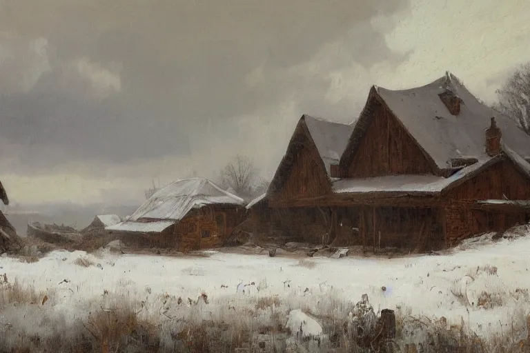Prompt: Longhouse, snowy plains, cliffs to a lower bay history painting, morning light, Archaic viking blizzard, artstation, oil on canvas, by Albert Aublet, Private Collection