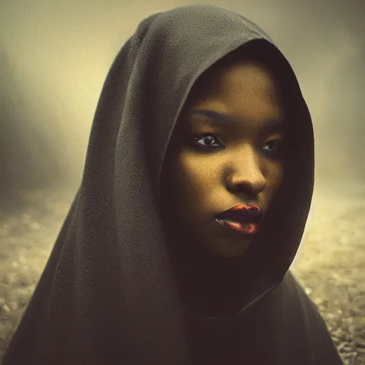 Image similar to a portrait of a young black woman wearing a long dark cloak, hood and shadows covering face, anatomically correct, beautiful perfect face, enigmatic, oil painting, matte painting, black background, Volumetric Golden dappled dynamic lighting, Highly Detailed, Cinematic Lighting, Unreal Engine, 8k, HD, by Beksinski