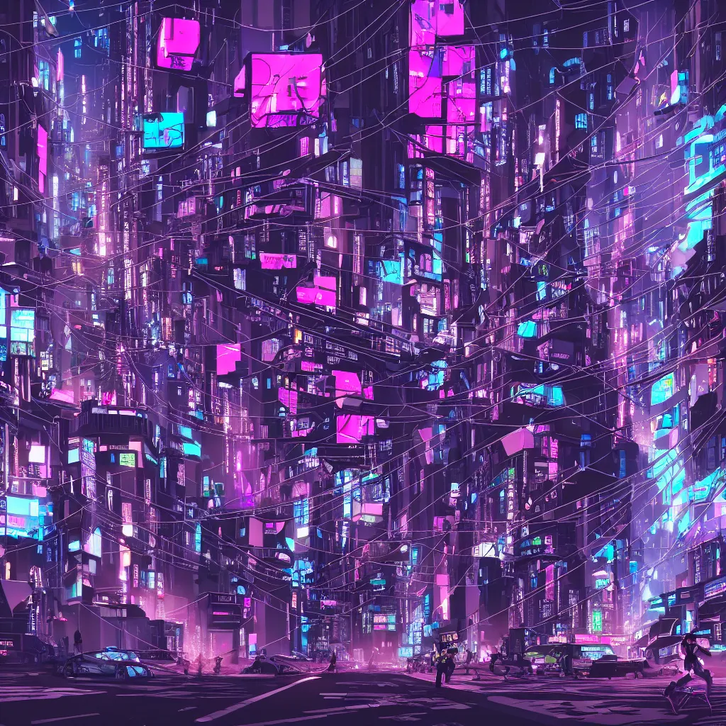 Prompt: an overpopulated, busy, dark cyberpunk metropolis with flying cars, fuchsia and blue, hundreds of people walking in the streets packed like sardines, smog, tv screens, anime inspired digital art