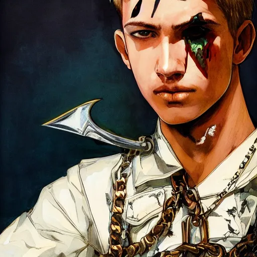 Prompt: portrait of a young white hero using his right arm to hold his sword covering his eye by yoji shinkawa, high quality, extra details, realism, ornate, colored, golden chain, blood, white skin, short hair, brown eyes, vivid, sunlight, dynamic, american man, freedom, white american soldier, painting