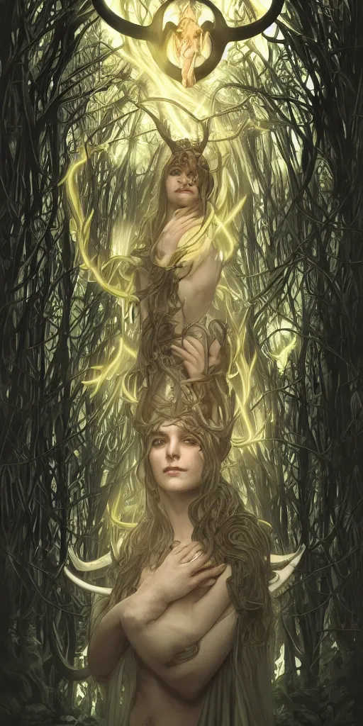 Image similar to intense bioluminescent glowing pagan god with horns and pure black eyes in very dark forest by artgerm and alphonse mucha, portrait, fantasy, clear, light beams, lens flare, intense, uhd, amazing depth, cinematic lighting