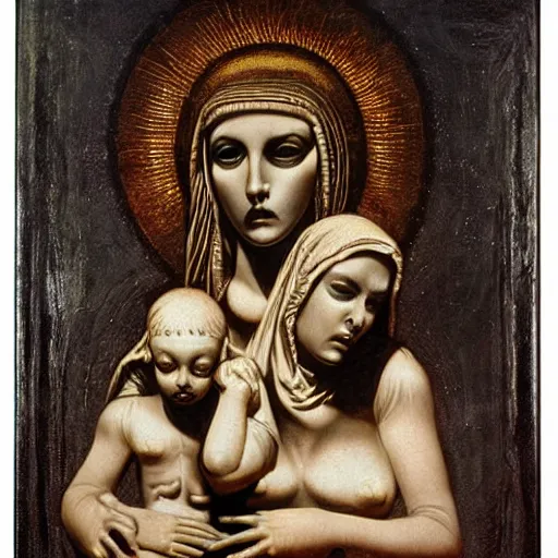 Image similar to h. r. giger's the madonna and child