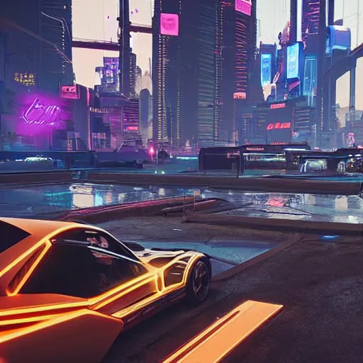 Image similar to futuristic carmeet in night city from cyberpunk 2 0 7 7, realistic