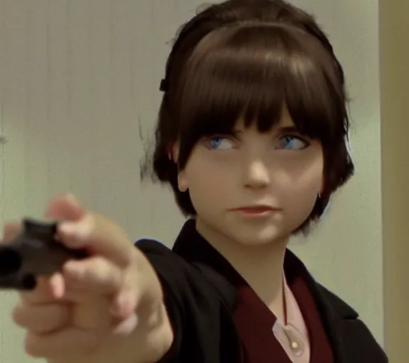 Image similar to marnie pointing a gun at the screen