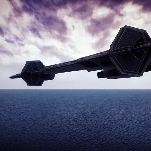 Prompt: a tie fighter coming in for a landing on a usa aircraft carrier. octane 3 d render, cinematic.