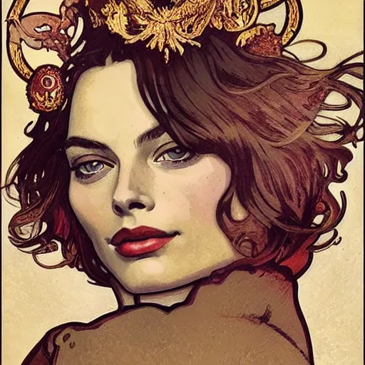 Prompt: margot robbie portrait by louis - theophile hingre and alphonse mucha, realistic, sharp focus, zodiac signs, tarot cards, planets, ethereal, art nouveau, magic, moon, sun, crown, dreamy, royal, jewellery