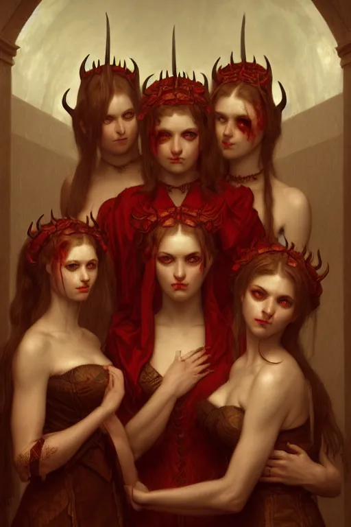 Image similar to a demonic horrific portrait of satan and his wives, white eyes, bored, illustration, soft lighting, soft details, painting oil on canvas by edmund blair leighton and charlie bowater octane render, hdr, trending on artstation, 4 k, 8 k, hd