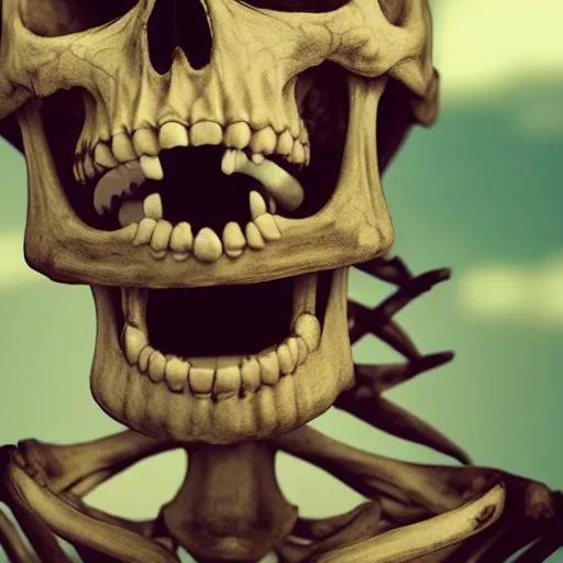 Image similar to a hyperrealistic shocked skeleton with his mouth wide open, anime, 4k