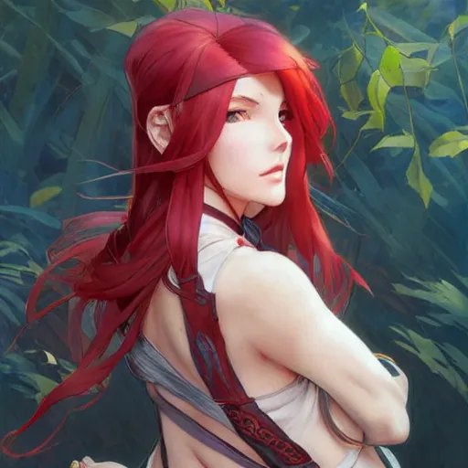 Prompt: a cool red - bun - haired anime girl. she is dressed as a superhero. clean elegant painting, beautiful detailed face. by artgerm and greg rutkowski and alphonse mucha