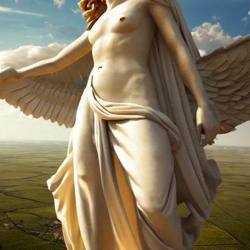 Prompt: gigantic biblical depiction of an angel mixed with a woman, towering over a vast landscape, cinematic, realistic, photorealistic, detailed, white body, global illumination, volumetric lighting, 8 k, beautiful, majestic clouds