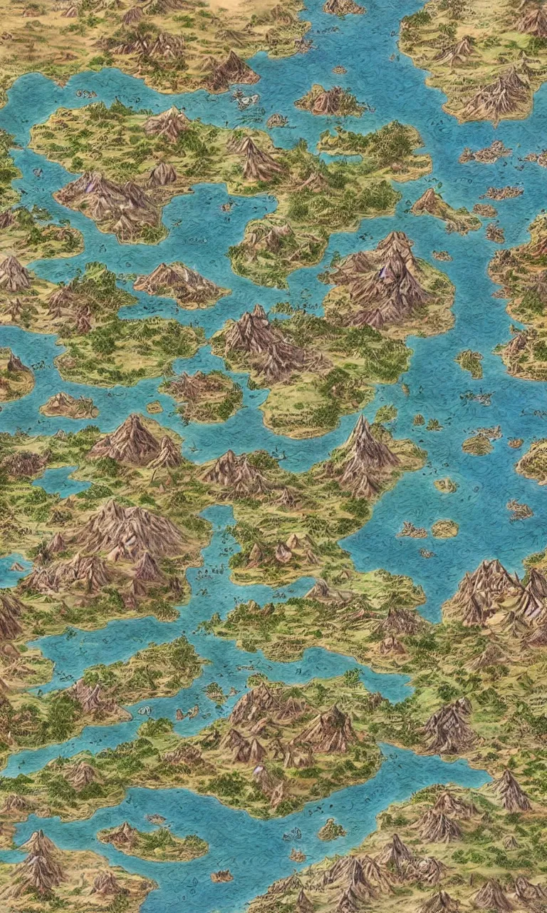 Image similar to an incredibly detailed map of a fantasy world showing a volcano, coastal cities, a large desert, and a few mountain chains, with elaborate biomes and illustrations