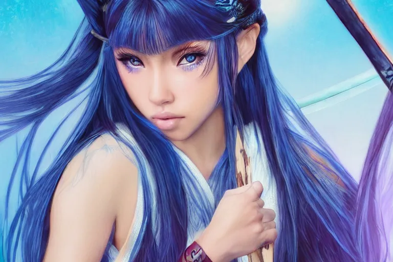 Image similar to highly detailed beautiful photo of madison beer as a young female samurai, swinging her sword, symmetrical face, beautiful eyes, cobalt blue hair, realistic anime art style, 8 k, award winning photo, pastels colours, action photography, 1 / 1 2 5 shutter speed, sunrise lighting